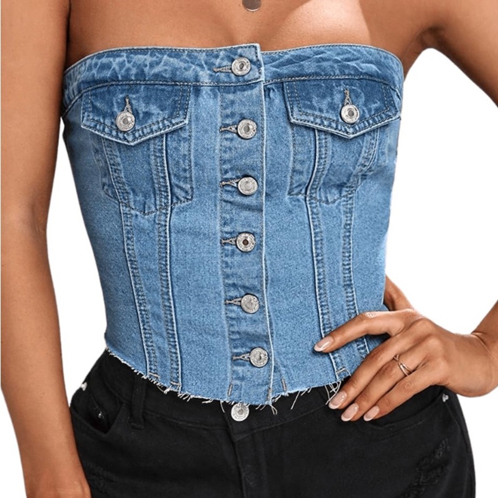 NWOT SweatyRocks Strapless Button-Up Denim Crop Top – Y2K Style,‎ Size Small